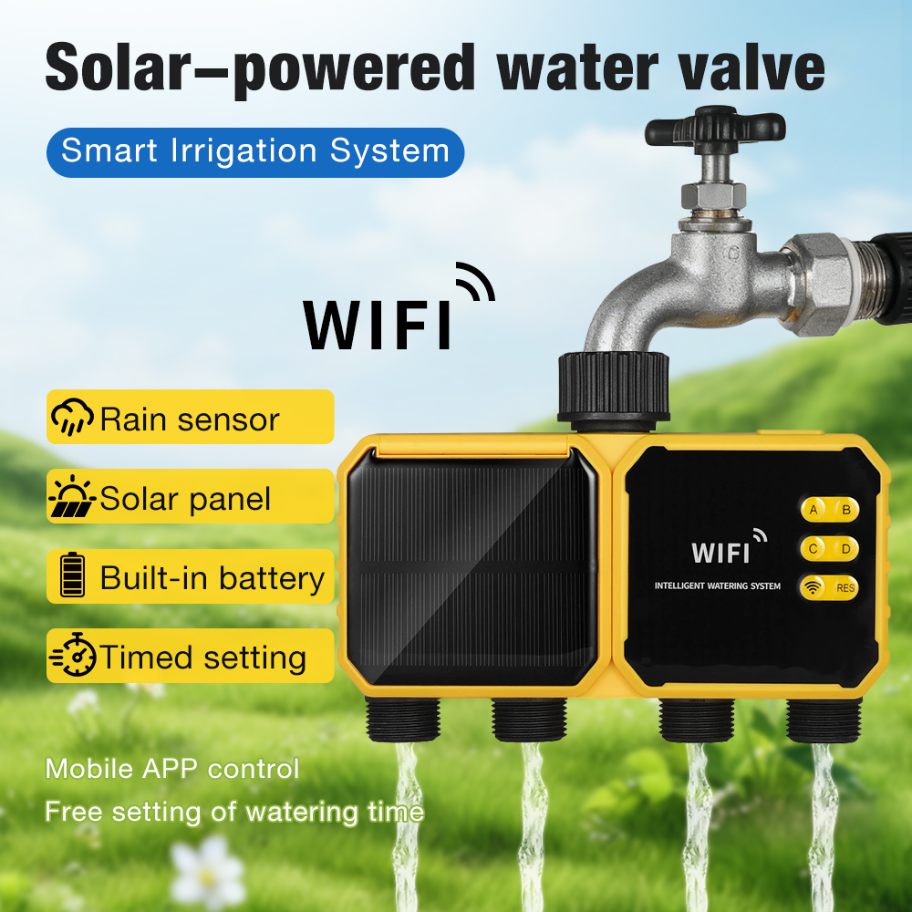 Smart Garden Tap - WiFi ソーラーウォータータイマー 1/2/4 出口真鍮入口自動灌漑タイミング散水制御雨遅延ガーデンスプリンクラー付き
