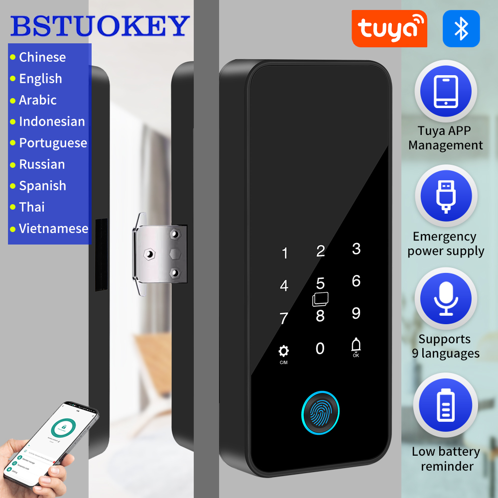 Smart Garden Door Lock - Tuya Smart Life Bluetooth ガラスドアロックデジタル生体認証指紋ガラスロックドリル不要は、パンチングなしのアプリロック解除をサポートします