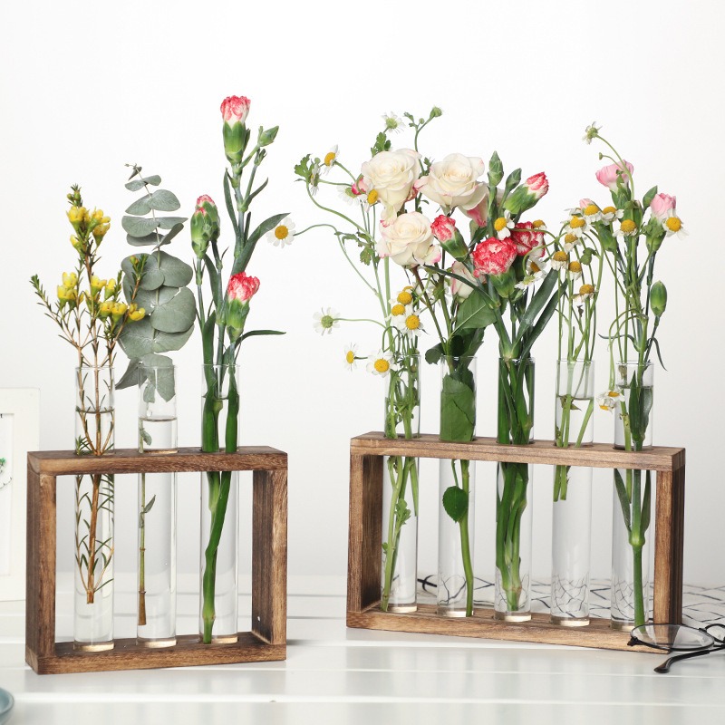 Indoor Herb Garden Kit - 5チューブガラス水耕プランター 木製スタンド付き 自動給水壁/卓上植物花瓶 屋内ハーブガーデン用 ユニークなギフト