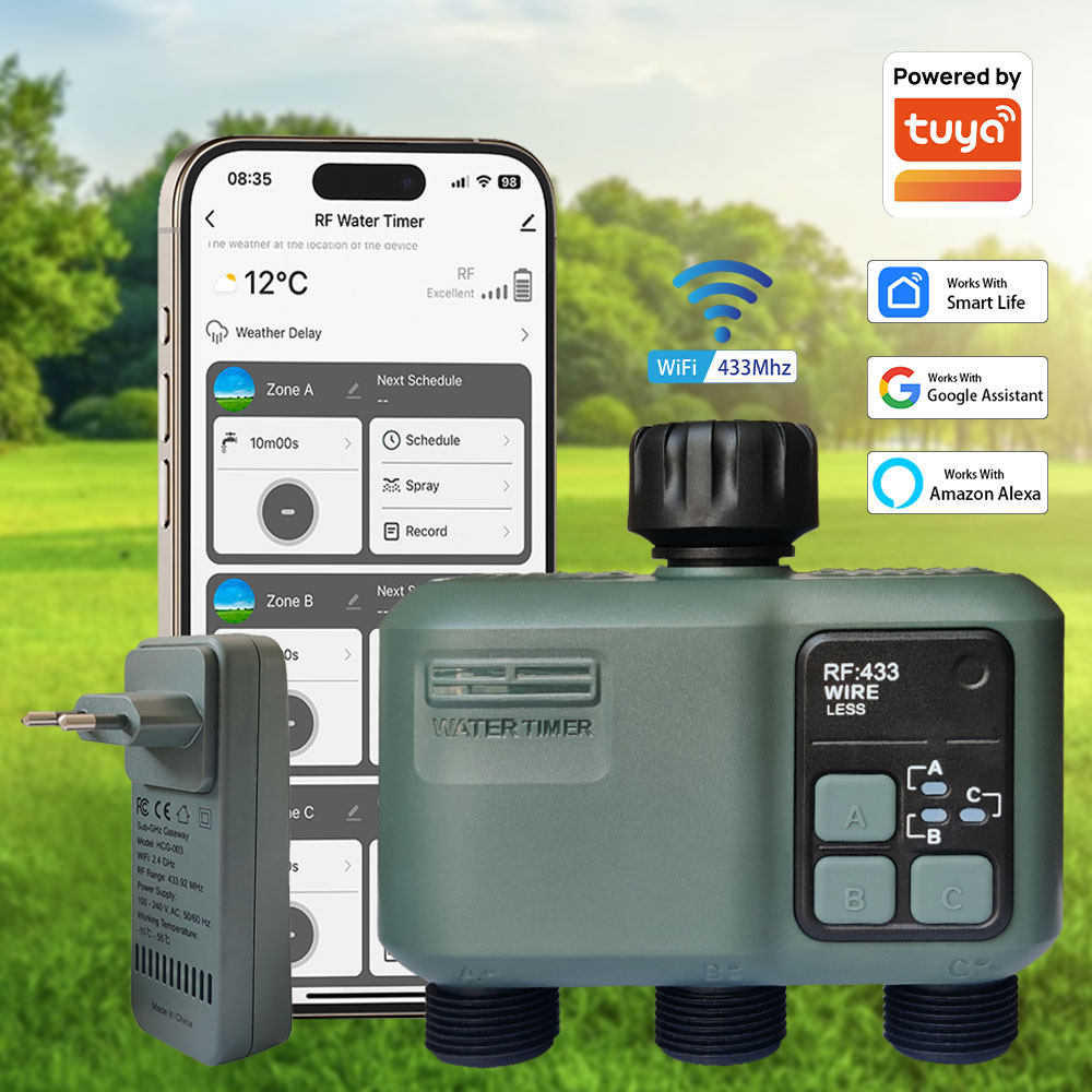 Smart Garden Irrigation - Tuya Wifi+RF433 3口給水タイマー ガーデン用ウォータータイマー 雨遅延フィルター プログラム可能な自動灌漑コントローラー